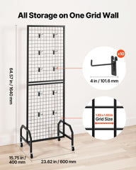 VEVOR Grid Wall Panel, 600 x 1640 mm Wire Grid Panels Display Rack, Movable Art Display Shelf with Wheels and 10 Hooks, Black Carbon Steel Gridwall for Craft Show, Decoration, Storage, Notice Board