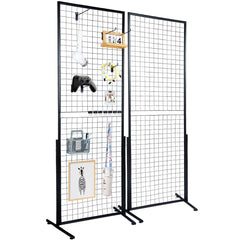 2' x 5.6' Grid Wall Panels Tower, 2 Packs Wire Gridwall Display Racks with T-Base Floorstanding, Double Side Gridwall Panels for Art Craft Shows, Retail Display with Extra Clips and Hooks