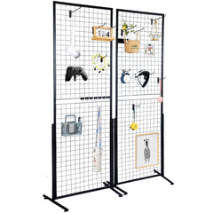 2' x 5.6' Grid Wall Panels Tower, 2 Packs Wire Gridwall Display Racks with T-Base Floorstanding, Double Side Gridwall Panels for Art Craft Shows, Retail Display with Extra Clips and Hooks