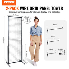 2' x 5.6' Grid Wall Panels Tower, 2 Packs Wire Gridwall Display Racks with T-Base Floorstanding, Double Side Gridwall Panels for Art Craft Shows, Retail Display with Extra Clips and Hooks