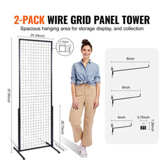 Vevor 2-pack wire grid panel tower with dimensions and usage information.