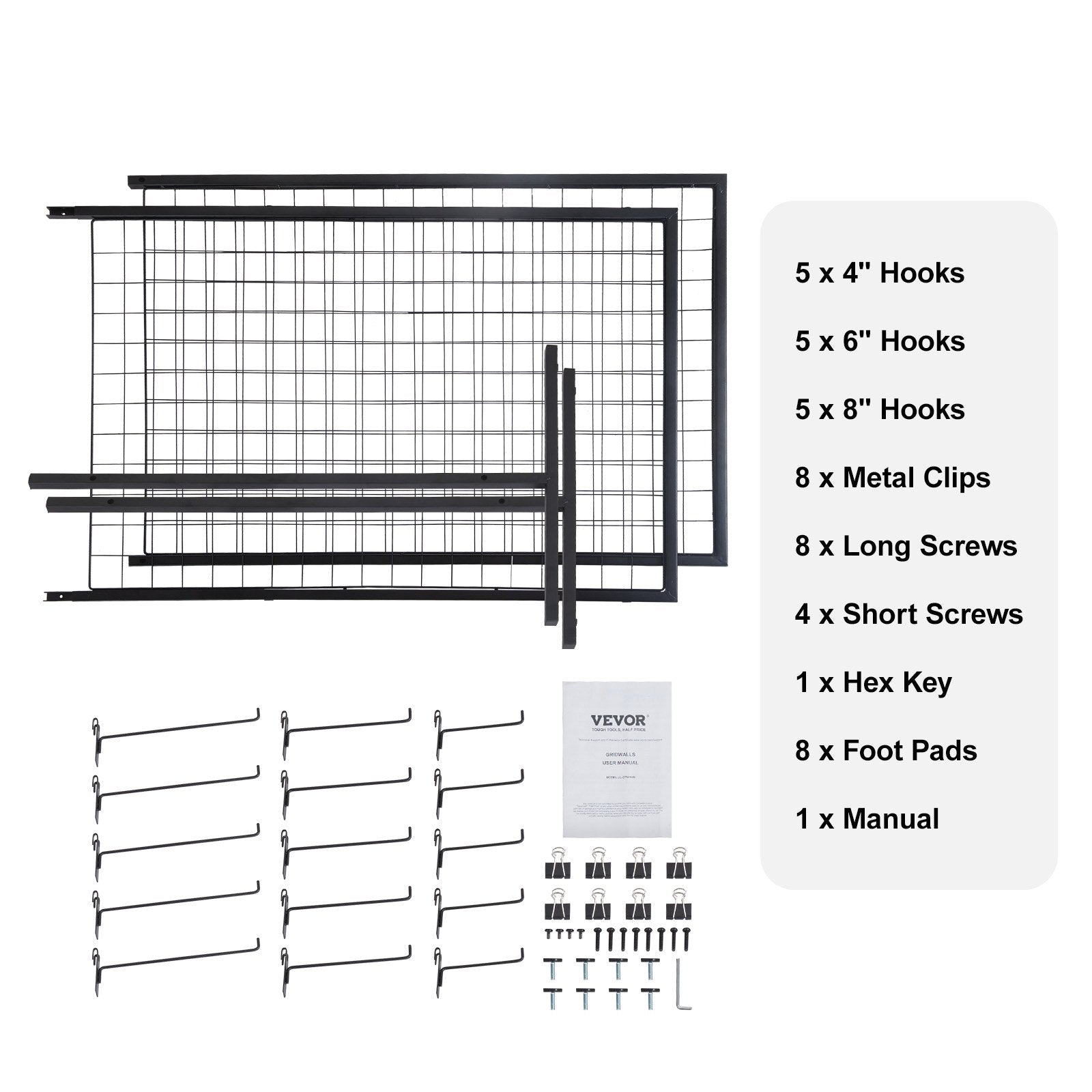 Vevor grid wall system with hooks, clips, screws, and a hex key on a white background