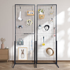 2' x 5.6' Grid Wall Panels Tower, 2 Packs Wire Gridwall Display Racks with T-Base Floorstanding, Double Side Gridwall Panels for Art Craft Shows, Retail Display with Extra Clips and Hooks