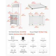 Portable Tradeshow Podium Table, 785 x 380 x 1815 mm, Display Exhibition Counter Stand Booth Fair with Wall, Foldable Promotion Retail Bar Table Pop Up Podium with Storage Rack/Carrying Bag