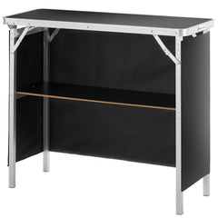 Folding Portable Bar Table, Tradeshow Podium Table for Indoor, Outdoor, Party, Picnic, Exhibition, Includes Carrying Case, Storage Shelf and Black Skirt, 38.39" x 15.16" x 34.25“
