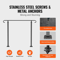 Handrails for Outdoor Steps, Wrought Iron Handrail for 1-3 Steps, Adjustable Stair Railing, Black Front Porch Hand Rail for Concrete and Wooden Stairs