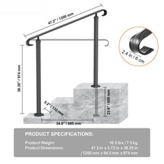 Handrails for Outdoor Steps, Wrought Iron Handrail for 1-3 Steps, Adjustable Stair Railing, Black Front Porch Hand Rail for Concrete and Wooden Stairs