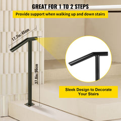 Single Post 1-2, Black Steel Railing 441LBS Capacity Baking Varnish Iron Stairs Stylish Handrails for Outdoor Steps with Expansion Bolts & Drill Bit