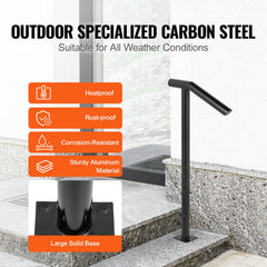 Single Post 1-2, Black Steel Railing 441LBS Capacity Baking Varnish Iron Stairs Stylish Handrails for Outdoor Steps with Expansion Bolts & Drill Bit