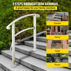 3-Step Handrails for Outdoor Steps Fits 1 or 3 Steps Matte White Stair Rail Wrought Iron Handrail with Installation Kit Hand Rails for Outdoor Step