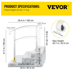 3-Step Handrails for Outdoor Steps Fits 1 or 3 Steps Matte White Stair Rail Wrought Iron Handrail with Installation Kit Hand Rails for Outdoor Step
