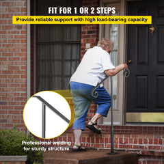 Handrails for Outdoor Steps, Fit 1 or 2 Steps Outdoor Stair Railing, Single Post Wrought Iron Handrail, Gray Transitional Porch Railings for Concrete Steps or Wooden Stairs with Base