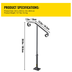 Handrails for Outdoor Steps, Fit 1 or 2 Steps Outdoor Stair Railing, Single Post Wrought Iron Handrail, Gray Transitional Porch Railings for Concrete Steps or Wooden Stairs with Base