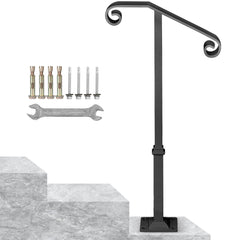 Handrails for Outdoor Steps, Fit 1 or 2 Steps Outdoor Stair Railing, Single Post Wrought Iron Handrail, Gray Transitional Porch Railings for Concrete Steps or Wooden Stairs with Base