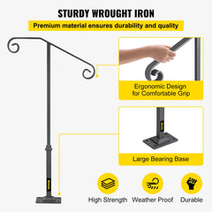 Handrails for Outdoor Steps, Fit 1 or 2 Steps Outdoor Stair Railing, Single Post Wrought Iron Handrail, Gray Transitional Porch Railings for Concrete Steps or Wooden Stairs with Base