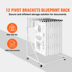Mobile Blueprint Storage Rack, Plan Holder with 12 Pivot Brackets, Mobile Blueprint Holder Adjustable Height & Length, Poster Display Rack for Office and Home (Rack Only Without Clamps)