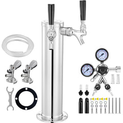 Kegerator Tower Kit, Dual Taps Beer Conversion Kit, Stainless Steel Keg Beer Tower Dispenser with Dual Gauge W21.8 Regulator & A-System Keg Coupler, Beer Drip Tray for Party Home