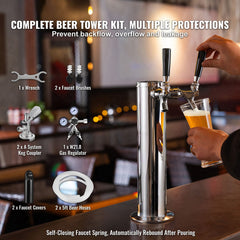 Kegerator Tower Kit, Dual Taps Beer Conversion Kit, Stainless Steel Keg Beer Tower Dispenser with Dual Gauge W21.8 Regulator & A-System Keg Coupler, Beer Drip Tray for Party Home