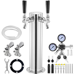 Kegerator Tower Kit, Dual Taps Beer Conversion Kit, Stainless Steel Keg Beer Tower Dispenser with Dual Gauge W21.8 Regulator & A-System Keg Coupler, Beer Drip Tray for Party Home
