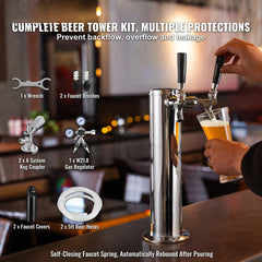 Kegerator Tower Kit, Dual Taps Beer Conversion Kit, Stainless Steel Keg Beer Tower Dispenser with Dual Gauge W21.8 Regulator & A-System Keg Coupler, Beer Drip Tray for Party Home