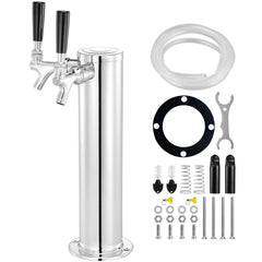 Dual Taps Draft Beer Tower Dispenser, Stainless Steel Keg Beer Tower, Kegerator Tower Kit with Pre-Assembled Tubing and Self-Closing Faucet Shanks for Party, Bar, Pub, Restaurant
