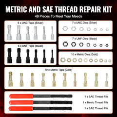 49-Piece Thread Chaser Set, UNC UNF and Metric Thread Restorer Tool, Rethreading Tool Kit with 22 Taps 24 Dies 3 Thread Files Storage Case, Heat Treated Steel, for Mechanics DIY Enthusiasts