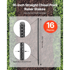 Rebar Stakes, 406.4 mm, Heavy-Duty 11.5 mm Diameter, Straight Galvanized Steel Ground Anchors with Chisel Point End & Rust-Resistant Coating, for Gardening Support, Fence, Camping Tents (16-Pack)