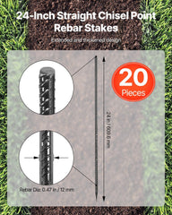Rebar Stakes, 609.6 mm, Heavy-Duty 12 mm Diameter, Straight Galvanized Steel Ground Anchors with Chisel Point End & Rust-Resistant Coating, for Gardening Support, Fence, Camping Tents (20-Pack)