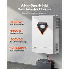 Hybrid Solar Inverter, 6000W, All in One Pure Sine Wave Power Inverter Charger, 220V AC, with Built-in 120A MPPT Solar Charger Controller, for Off-Grid System Lead Acid Lithium Battery