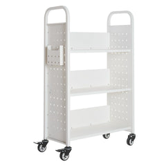 Rolling Library Book Cart, 150 kg Capacity, 77 x 38 x 122 cm Library Cart, Single Sided L-Shaped Shelves with 76.2 mm Lockable Wheels, Book Truck for Home Shelves Office and School, White