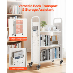 Rolling Library Book Cart, 150 kg Capacity, 77 x 38 x 122 cm Library Cart, Single Sided L-Shaped Shelves with 76.2 mm Lockable Wheels, Book Truck for Home Shelves Office and School, White