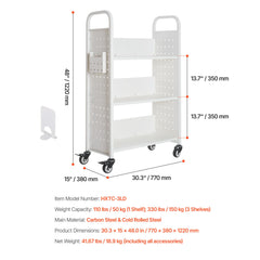 Rolling Library Book Cart, 150 kg Capacity, 77 x 38 x 122 cm Library Cart, Single Sided L-Shaped Shelves with 76.2 mm Lockable Wheels, Book Truck for Home Shelves Office and School, White