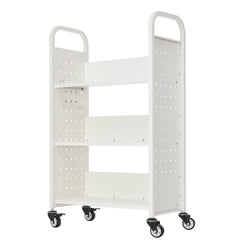 Rolling Library Book Cart, 150 kg Capacity, 77 x 38 x 122 cm Library Cart, Single Sided L-Shaped Shelves with 76.2 mm Lockable Wheels, Book Truck for Home Shelves Office and School, White