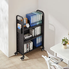 Rolling Library Book Cart, 150 kg Capacity, 77 x 38 x 122 cm Library Cart, Single Sided L-Shaped Shelves with 76.2 mm Lockable Wheels, Book Truck for Home Shelves Office and School, Black