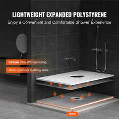 Shower Curb Kit, 1219x1828mm Shower Pan Kit with 160mm Central Drain, Lightweight EPS Shower Installation Kits with 2 Waterproof Cloths, Shower Pan Slope Sticks Fit for Bathroom