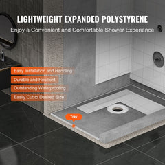 Shower Curb Kit, 1219x1828mm Shower Pan Kit with 160mm Central Drain, Lightweight EPS Shower Installation Kits with 2 Waterproof Cloths, Shower Pan Slope Sticks Fit for Bathroom