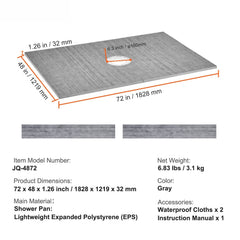 Shower Curb Kit, 1219x1828mm Shower Pan Kit with 160mm Central Drain, Lightweight EPS Shower Installation Kits with 2 Waterproof Cloths, Shower Pan Slope Sticks Fit for Bathroom