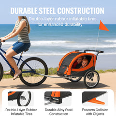 Bike Trailer for Toddlers, Kids, Double Seat, 45 kg Load, 2-In-1 Canopy Carrier Converts to Stroller, Tow Behind Foldable Child Bicycle Trailer with Universal Bicycle Coupler, Orange and Gray