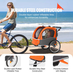 Bike Trailer for Toddlers, Kids, Double Seat, 45 kg Load, 2-In-1 Canopy Carrier Converts to Stroller, Tow Behind Foldable Child Bicycle Trailer with Universal Bicycle Coupler, Orange and Gray
