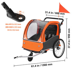Bike Trailer for Toddlers, Kids, Double Seat, 45 kg Load, 2-In-1 Canopy Carrier Converts to Stroller, Tow Behind Foldable Child Bicycle Trailer with Universal Bicycle Coupler, Orange and Gray
