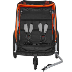 Bike Trailer for Toddlers, Kids, Double Seat, 45 kg Load, 2-In-1 Canopy Carrier Converts to Stroller, Tow Behind Foldable Child Bicycle Trailer with Universal Bicycle Coupler, Orange and Gray