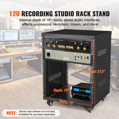 12U AV Rack Stand, 136.08kg Capacity, Network Stereo Recording Studio Rack with Lockable Caster Wheels Round & Square Holes, Special Vent for 482.6 mm Audio Video Musical & IT Equipment Mounting