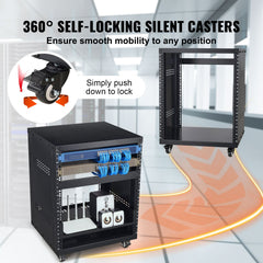 12U AV Rack Stand, 136.08kg Capacity, Network Stereo Recording Studio Rack with Lockable Caster Wheels Round & Square Holes, Special Vent for 482.6 mm Audio Video Musical & IT Equipment Mounting