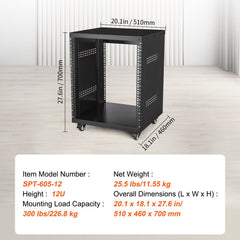 12U AV Rack Stand, 136.08kg Capacity, Network Stereo Recording Studio Rack with Lockable Caster Wheels Round & Square Holes, Special Vent for 482.6 mm Audio Video Musical & IT Equipment Mounting