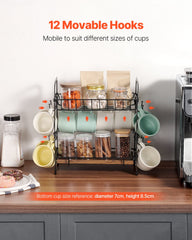 2 Tier Coffee Bar Organizer for Countertop w/ 12 Movable Hooks Mug Holder