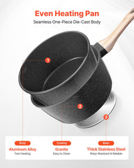 2.5 QT Saucepan, Nonstick Saucepan with Tempered Glass Lid, Multipurpose Cooking Sauce Pot with Detachable Handle, Sauce Pan Small Kitchen Cooking Pot with Coating, Induction Compatible, Black