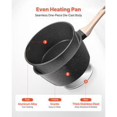 2.5 QT Saucepan, Nonstick Saucepan with Tempered Glass Lid, Multipurpose Cooking Sauce Pot with Detachable Handle, Sauce Pan Small Kitchen Cooking Pot with Coating, Induction Compatible, Black