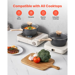 2.5 QT Saucepan, Nonstick Saucepan with Tempered Glass Lid, Multipurpose Cooking Sauce Pot with Detachable Handle, Sauce Pan Small Kitchen Cooking Pot with Coating, Induction Compatible, Black
