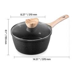 2.5 QT Saucepan, Nonstick Saucepan with Tempered Glass Lid, Multipurpose Cooking Sauce Pot with Detachable Handle, Sauce Pan Small Kitchen Cooking Pot with Coating, Induction Compatible, Black