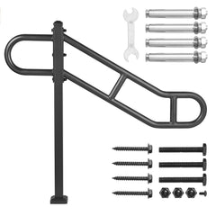Single Post Handrail for Outdoor 1-3 Steps, 40.5" L x 35.4" H Metal Bent Stair Handrails, Floor Mounted Carbon Steel Stair Railing, U-Shaped Post Grab Rails with 2 Anti-Skid Crossbar for Garage
